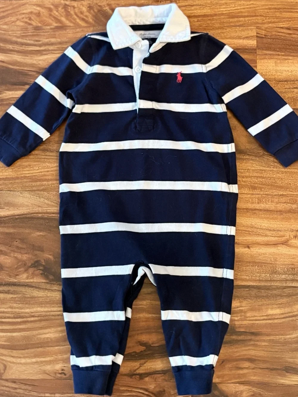 Ralph Lauren Baby Boy Navy White Striped Rugby Romper Coverall 9 Month Pony Logo